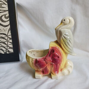 Vintage Stork Basket Bassinet Cradle Ceramic Planter